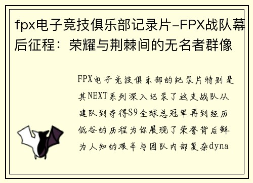 fpx电子竞技俱乐部记录片-FPX战队幕后征程：荣耀与荆棘间的无名者群像像
